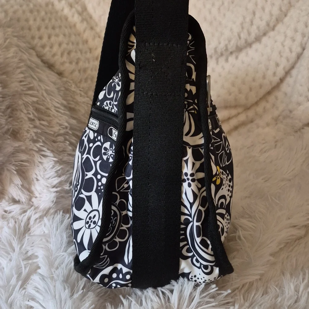 LeSportsac Black and White Floral Shoulder Crossbody Zip Bag